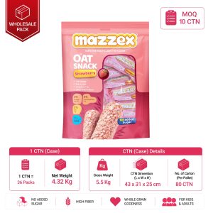 Mazzex Strawberry Oat Snack | 120g | No Added Sugar High-Fiber Whole Grain Oat Snack Bars | 1 CTN (36 Packs)
